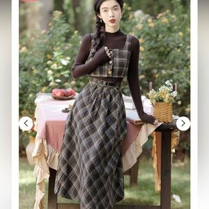 The Cottagecore Dark Academia Brown Blue Plaid Skirt Vest Set S/XS